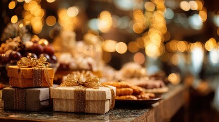 Soft focus concept and background burred. Gift boxes and food for the celebration of Christmas and New Year.