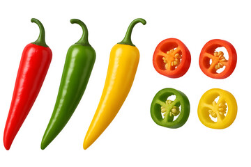 Chili Peppers Display in Four Colors and Their Sliced Versions	