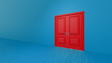 Minimalist render of a closed double red door in a blue room with blue wooden floor, representing concepts such as choosing, deciding, opportunity, and new beginnings
