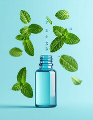 Refreshing Mint Essential Oil:  A Serene Blue Glass Bottle and Falling Leaves