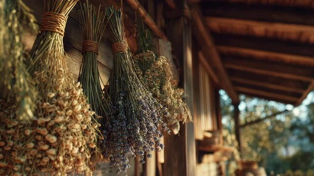 Bunches of dried herbs hang on the veranda of a wooden summer house