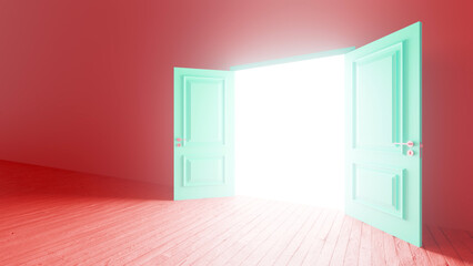 Open, light teal door in a red room reveals a bright white light, symbolizing hope, opportunity, and a pathway to a brighter future or new beginnings