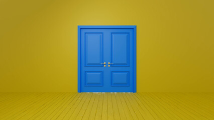 Fototapeta premium Blue double door standing in a yellow room with wooden floor representing concepts like new opportunities, different choices or new life chapter