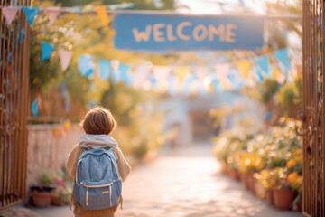 Obraz premium walking to school gate with backpack