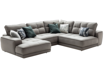 Stylish Grey Sectional Sofa with Throw Pillows Modern Living Room Furniture Cozy Couch Family on transparent background