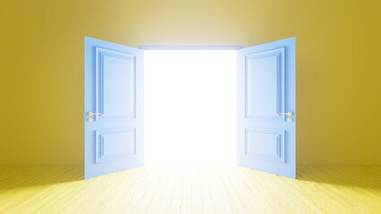 Light coming through an open double door illuminating a yellow room with wooden floor, creating a concept of hope, opportunity, and new beginnings