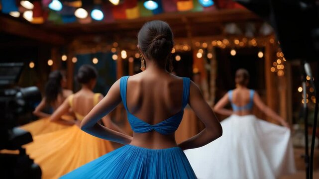 Experience the energy of Bollywood dance rehearsals with colorful costumes and the director's guiding clapboard.
