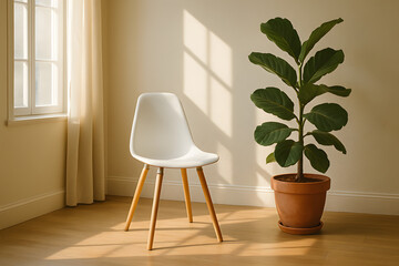 Fototapeta premium Serene Indoor Scene: A minimalist interior showcases a sleek white chair positioned beside a vibrant potted plant, bathed in the soft, natural light filtering through a window.