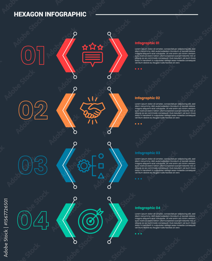 Poster hexagon base shape infographic process diagram with open hexagon slice cut on vertical list directio
