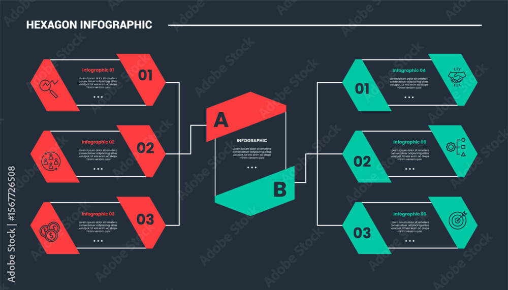 Poster hexagon base shape infographic process diagram with horizontal hexagon with badge left and right wit