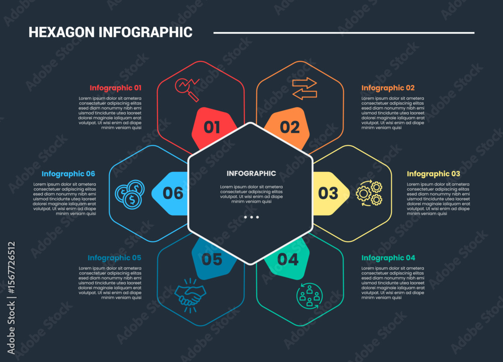 Aufkleber hexagon base shape infographic process diagram with small hexagon cycle circular infinite with cente