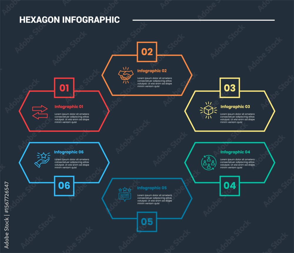 Poster hexagon base shape infographic process diagram with long rectangle box with cycle circular structure