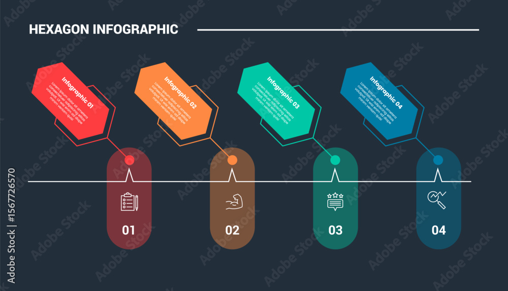 Poster hexagon base shape infographic process diagram with rotated hexagon with connected round rectangle b