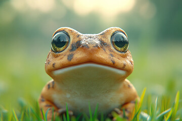 Close-up of a vibrant frog resting on lush green grass, showcasing its unique features and captivating eyes in a natural environment 