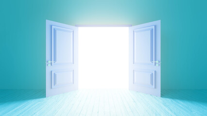 Light is coming through an open door illuminating an empty room with wooden floor and turquoise walls, creating a mysterious and surreal atmosphere