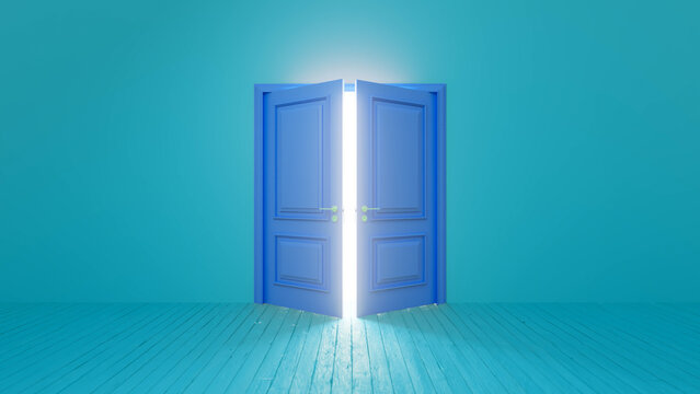 Bright light streaming through open double doors illuminates an empty turquoise room with a wooden floor, evoking feelings of mystery and anticipation for new beginnings