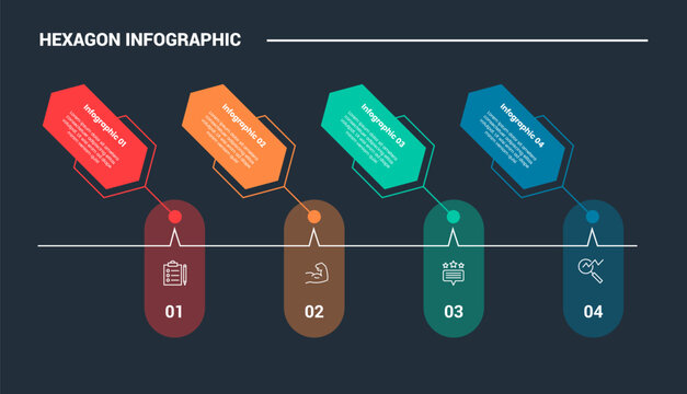 hexagon base shape infographic process diagram with rotated hexagon with connected round rectangle box with dark background bright outline style