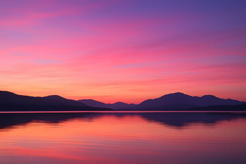 Fototapeta premium Pink Sunset over Mountains: Serene landscape photo featuring a breathtaking pink and purple sunset reflecting on a calm lake, with silhouettes of mountains on the horizon.
