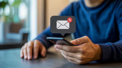 Close-up of hands in navy shirt holding smartphone showing email alert with red badge, soft bokeh background, natural light, and modern aesthetic