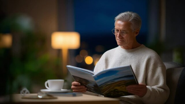 An elderly man relives cherished memories through a nostalgic photo album.