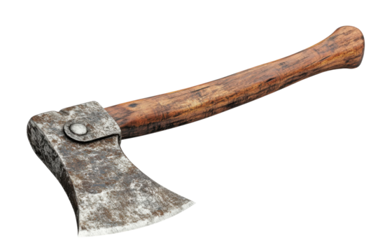 Vintage Axe Rusty Tool Antique Hand Axe Isolated Brown Wooden Handle Hatchet Forging Blade on transparent background