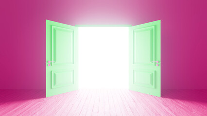 Light streaming through open mint green double doors in a pink room with a wooden floor, creating an atmosphere filled with hope and optimism, inviting new beginnings and endless possibilities