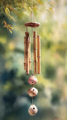 Bamboo wind chime with ceramic accents hanging outdoors, soft watercolor style, peaceful and natural atmosphere