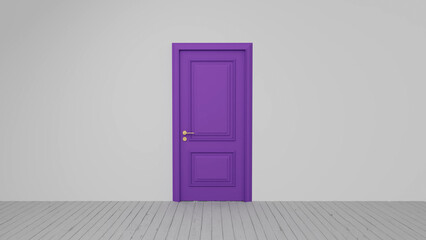 Vibrant purple door stands prominently against a white wall in an empty room with gray wooden floors, symbolizing new opportunities and potential