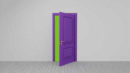 Purple door slightly open revealing a vibrant green screen background in a minimalist room with gray walls and white wooden floor, perfect for keying and compositing