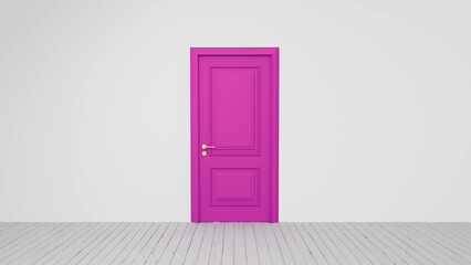 Vibrant pink door stands closed in a white room with a light wooden floor, creating a striking contrast and suggesting a sense of mystery and possibility