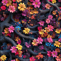 Colorful flowers on black background.