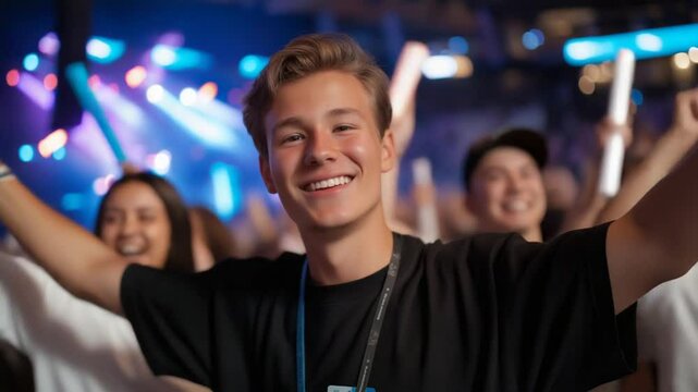 Energetic concertgoer leaps with glowstick and ticket stub under the night sky.