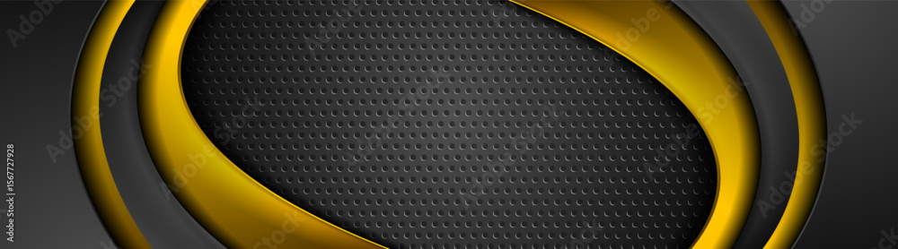 Poster Yellow golden and black abstract glossy waves on perforated background. Technology vector banner design