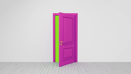 Vibrant pink door stands slightly ajar, revealing a bright green light emanating from the other side, set against a white wall and pale wooden floor