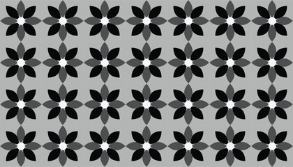 Stylish black floral pattern with six-petal motifs on a neutral gray backdrop