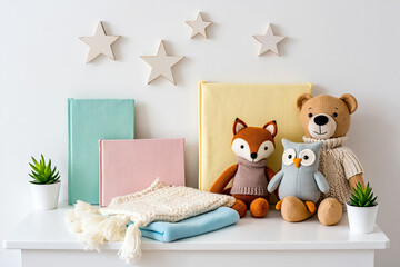 Cozy Nursery Decor with Stuffed Animals Books and Star Wall Art