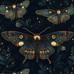 Seamless beautiful enchanting world of night moth pattern, fantasy background  