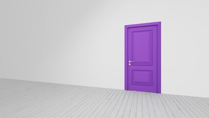 Vibrant purple door stands out against a white wall in a minimalist room, promising new opportunities and a fresh start, with a white wooden floor leading towards it