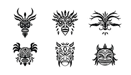 Fototapeta premium Vector Illustration of Tribal Mask Faces Silhouette Icon Collection