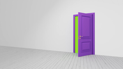 Slightly open purple door is revealing a vibrant light green wall in a white room with wooden floor, creating a contrasting and intriguing scene
