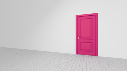 Vibrant pink door stands in a white room with a light wooden floor, offering a striking contrast and suggesting a transition or new opportunity