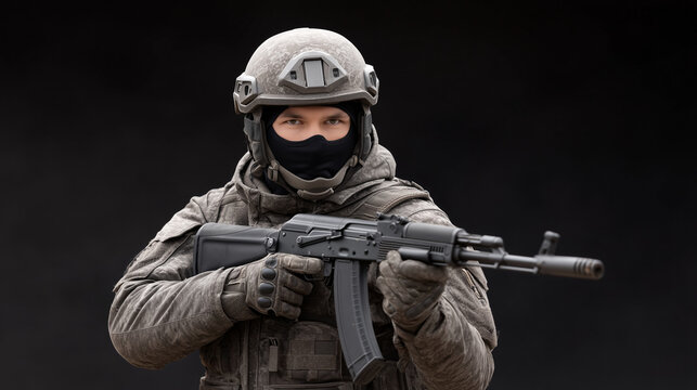 Intense Mercenary Soldier with AK-74 in Studio Shot