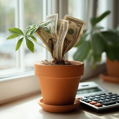 Money tree growing from a pot symbolizes financial investment and success in business.