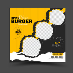 Spicy Delicious Burger Social Media Poster Ad Flyer Leaflet Fast Food Promotional Web Banner Design. Fast Food Restaurant Business Marketing Fresh Pizza Burger Online Sale Vector Illustration Template