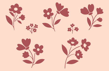 Hand drawn flat design flower silhouettes Illustrations Decorated in Soft Colors on a Gentle Background