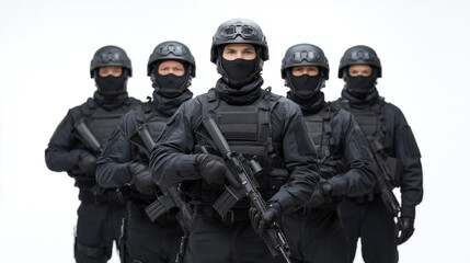 Elite SWAT team in tactical gear on white backdrop.