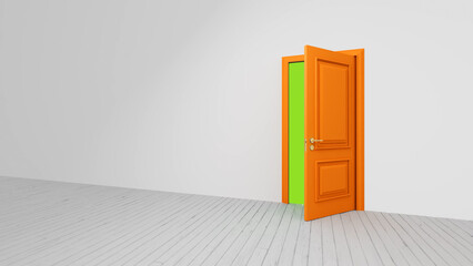 Opening orange door reveals a vibrant green screen background in a bright white room featuring a white wooden floor, ideal for keying and compositing in creative projects