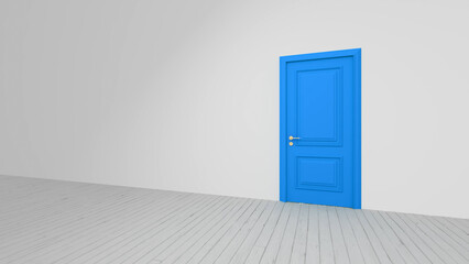 Bright blue door set within a pristine white wall of an empty room featuring a wooden floor, symbolizing new opportunities and fresh beginnings in a modern interior space