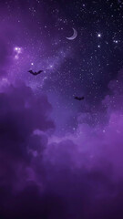 Halloween background featuring a purple night sky with bats, two moons, and stars, perfect for spooky-themed designs and festive decorations.