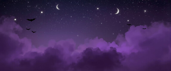 Halloween background featuring a purple night sky with bats, two moons, and stars, perfect for spooky-themed designs and festive decorations.